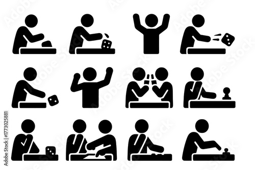 Dice Game Actions Icons. Solid style icons of Players and actions: hand roll, shake dice, pick die, throw dice, point, celebrate,