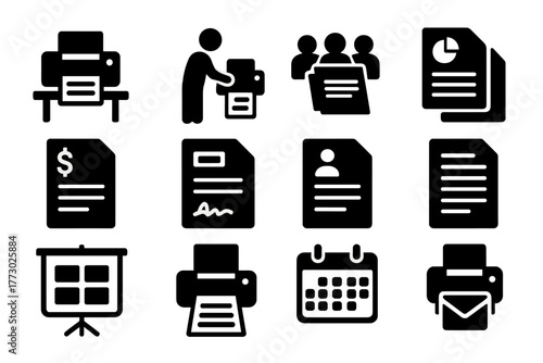 Office Printing Icons. Solid style icons of office printing: printer on desk, employee printing, meeting handouts, report copy,