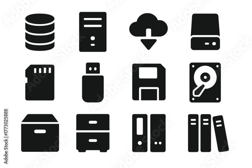Data Storage Icons. Solid style icons of Data storage: database cylinder, server tower, cloud with data, external drive, SD card,