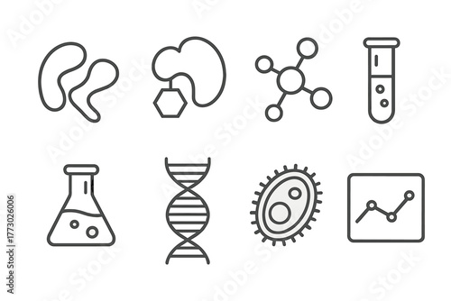Molecular Biology Icons. Line style icons of Molecular Biology: Protein, Enzyme, Molecule, Test Tube, Lab Flask, DNA Helix, Cell
