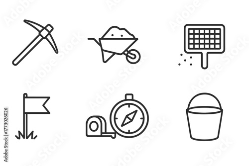 Excavation Line Icons. Line style icons of Excavation: Pickaxe, Wheelbarrow, Dirt Pile, Sieve, Flag Marker, Measuring Tape,