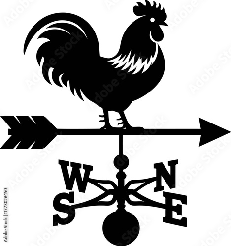 Black Silhouette of Rooster Weathervane with Compass Points