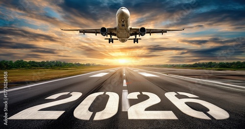 une piste d'aéroport avec l'inscription 2026 avec en arrière-plan le décollage d'un avion sous un ciel nuageux au coucher du soleil, concept de voyage ou d'un nouveau départ pour le nouvel an.