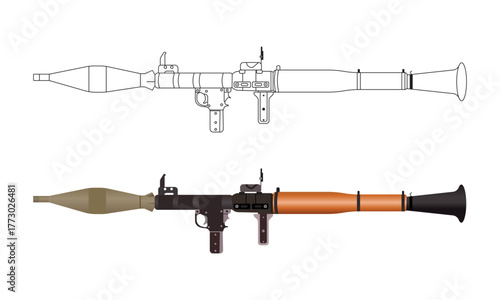 RPG Rocket Launcher Vector Illustration and Line Drawing