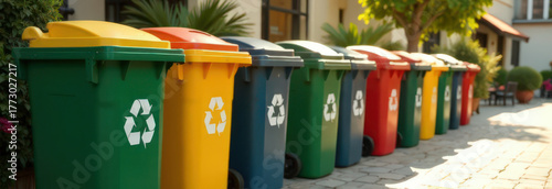 Recycling bins row on city street