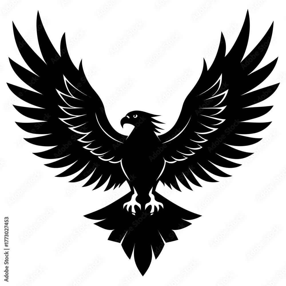 Obraz premium Stylized black silhouette of a majestic eagle with wings spread wide in flight