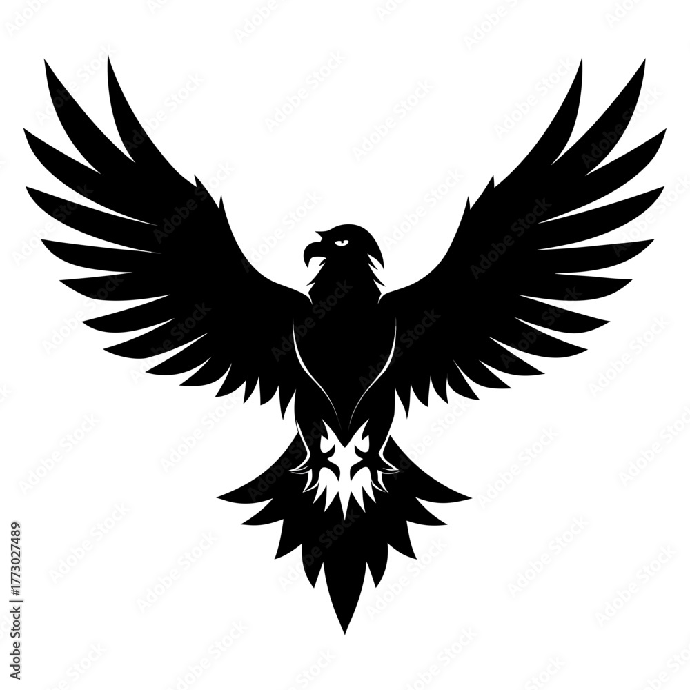 Fototapeta premium Bold black silhouette of an eagle with wings spread wide in a majestic flying pose