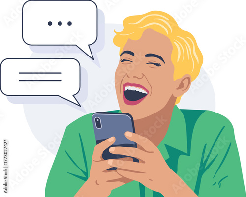 Woman laughing and texting on her smartphone illustration