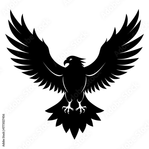 Bold black silhouette of a powerful eagle with wings spread wide in flight against a white background
