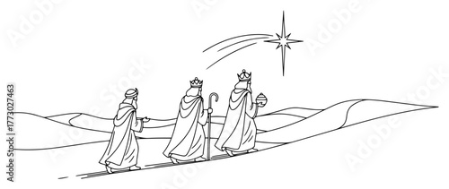Three Wise Men Following Star of Bethlehem Christmas Nativity Scene Line Art