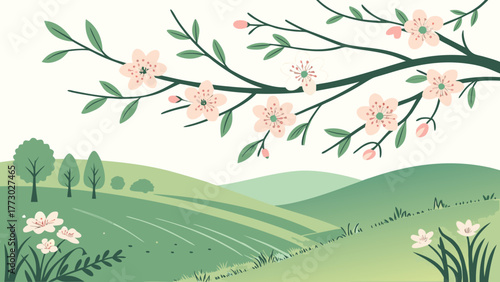Spring Landscape with Blooming Flowers and Green Hills – Flat Minimal Vector Nature Background Spring Landscape with Blooming Flowers and Green Hills – Flat Minimal Vector Nature Background.