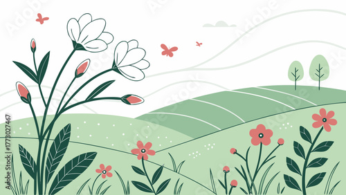 Spring Landscape with Blooming Flowers and Green Hills – Flat Minimal Vector Nature Background