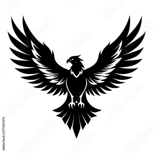 Stylized black eagle with outstretched wings and sharp talons in a powerful silhouette against a white background