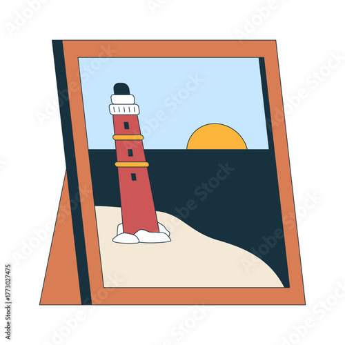 Framed lighthouse photo with seaside sunset 2D cartoon object. Beacon on sandy coast with sun setting over ocean photoframe isolated element flat vector clip art on white. Spot illustration