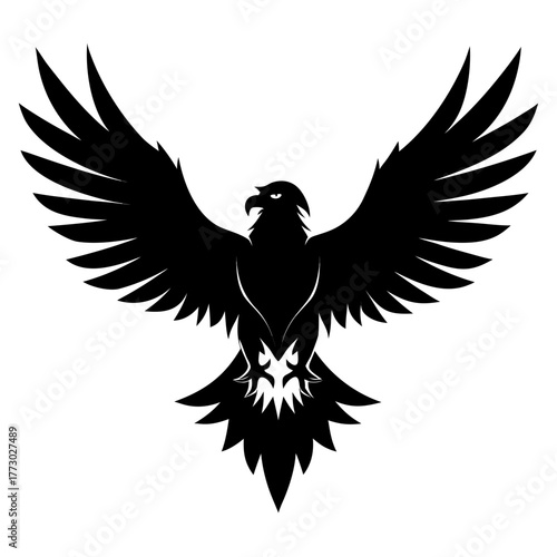 Bold black silhouette of an eagle with wings spread wide in a majestic flying pose