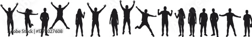Silhouette illustration of people jumping, standing, celebrating, human poses, joyful movement, freedom