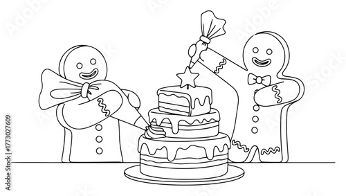 Gingerbread Men Decorating Christmas Cake Vector Outline Illustration for Coloring Page