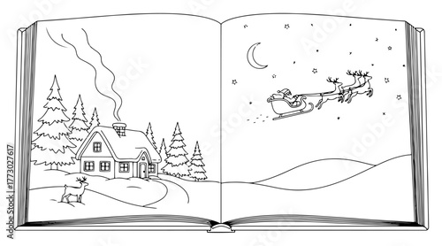 Open storybook winter scene vector with santa sleigh reindeer moon stars and cozy cabin line art for christmas coloring pages