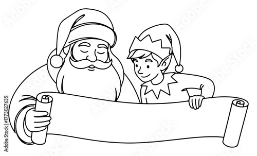 Santa Claus and Elf Reading Christmas Wish List Vector Outline Illustration with Blank Scroll