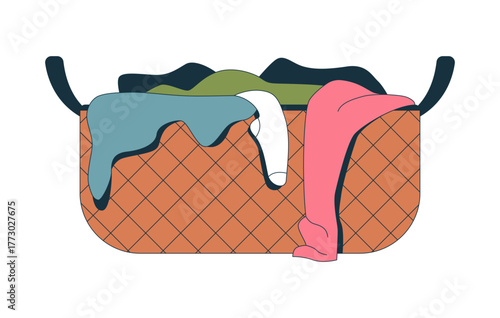 Overflowing laundry basket 2D cartoon object. Clothing hamper with unwashed garments pile. Domestic chores. Clothes wicker container isolated element flat vector clip art on white. Spot illustration