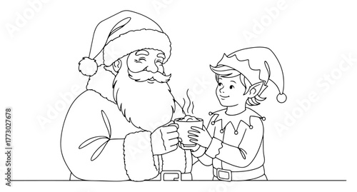 Santa Claus and Elf Sharing a Mug of Hot Chocolate Line Art Illustration