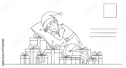 Cute sleeping Christmas elf on gift boxes postcard template outline vector for holiday coloring and printable card