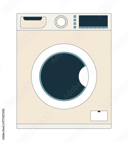 Front-load washing machine 2D cartoon object. Washer household dryer. Modern appliance. Home electronics. Laundry convenience isolated element flat vector clip art on white. Spot illustration