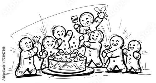 Happy Gingerbread Men Celebrating with a Christmas Cake Hand Drawn Vector Sketch Illustration