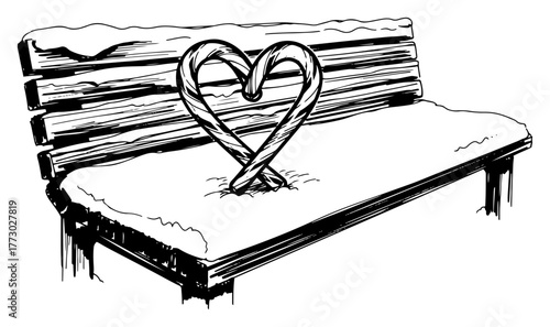 Candy Cane Heart on a Snowy Park Bench Vector Hand Drawn Christmas Sketch Illustration