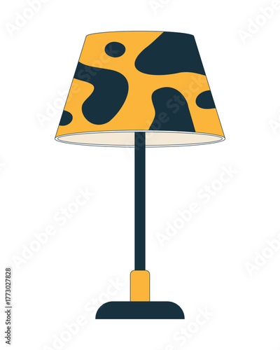 Cow-print table lamp with bold pattern 2D cartoon object. Animal print lampshade desk light. Interior accessory. Home lighting isolated element flat vector clip art on white. Spot illustration