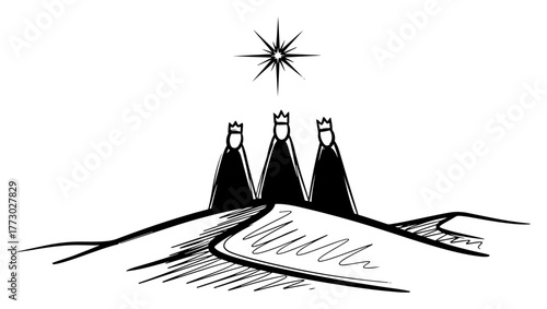 Minimal brush sketch of three wise men on desert dunes following the bethlehem star nativity christmas vector