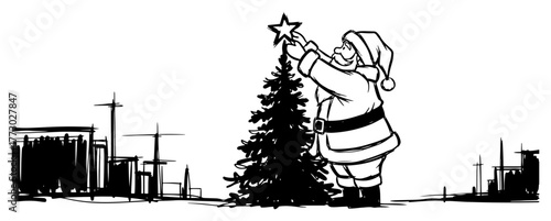 Santa decorating christmas tree with star urban skyline brush sketch monochrome vector illustration