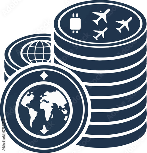 Global Travel Economy Concept — Stacked Coins with Airplane and World Map Icons Illustration