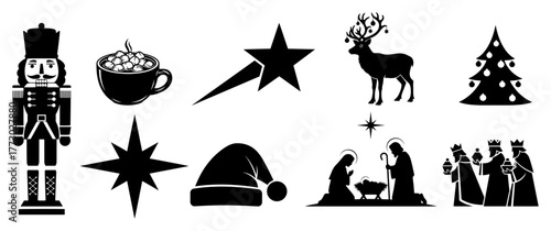 Christmas Icons Set with Nativity Scene Nutcracker Reindeer and Holiday Vector Silhouettes