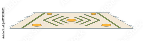 Geometric pattern rug 2D cartoon object. Rectangular floor decor with symmetrical arrows and circles. Boho style weave carpet isolated element flat vector clip art on white. Spot illustration