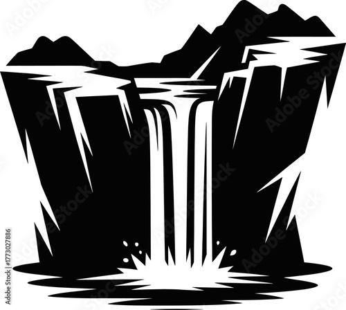 Bold Black Silhouette Graphic of Waterfall Plunging Between Cliffs