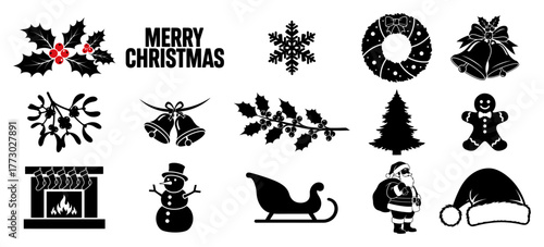 Christmas Icons and Symbols Silhouette Vector Set