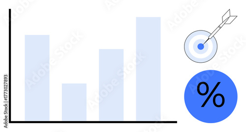 Bar chart indicating growth, target with arrow, and percentage. Ideal for business, analytics, statistics, success, goals finance research. Clean simple flat metaphor