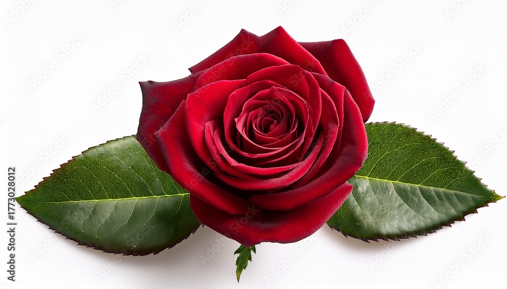 Naklejka premium Dark Red Rose With Green Leaves Isolated On White Background