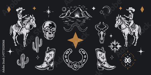 Western cowboy and cowgirl motifs with horses skulls cacti boots and celestial elements on a dark background