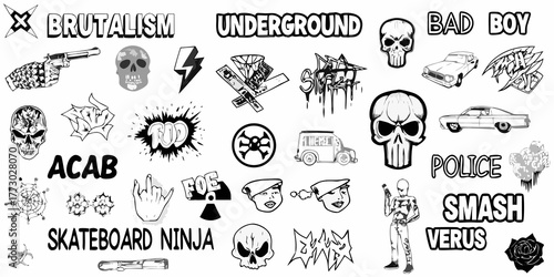 Collection of black and white graffiti style illustrations featuring skulls cars and rebel symbols