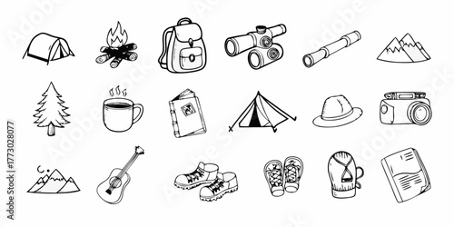Collection of hand drawn black and white icons representing camping and outdoor adventure gear
