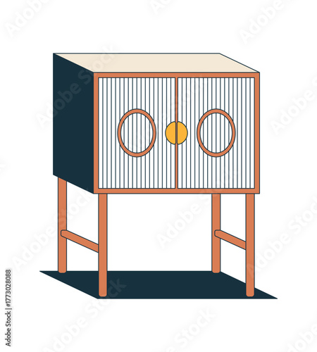 Minimalist wooden nightstand with ribbed doors 2D cartoon object. Mid-century modern aesthetic. Wood cabinet. Living room furniture isolated element flat vector clip art on white. Spot illustration