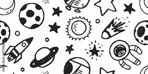Whimsical hand drawn space pattern featuring planets rockets stars astronauts and comets