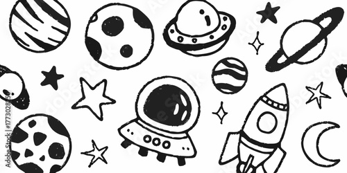 Whimsical hand drawn space elements including planets stars rockets and astronauts in a playful pattern