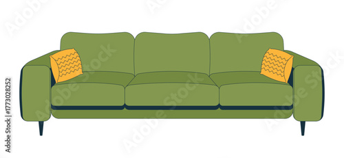 Olive green sofa with cushions 2D cartoon object. Living room, lounge area couch with throw pillows. Stylish interior cozy seating isolated element flat vector clip art on white. Spot illustration