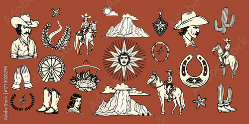 Collection of western american icons and symbols featuring cowboys horses mountains and cacti