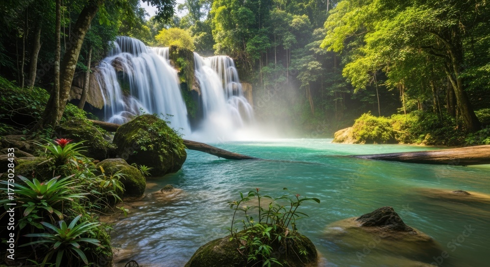 Obraz premium Lush Tropical Waterfall with Turquoise Pool in Green Forest