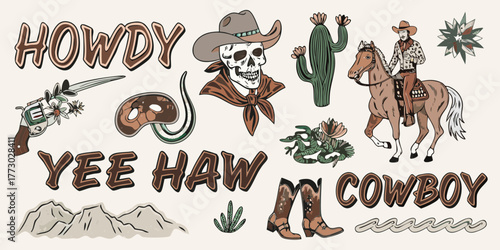 Western cowboy elements collection with howdy yee haw and cowboy text
