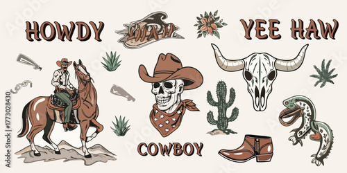 Western cowboy collection featuring horse rider skull cactus bull skull and yee haw sayings
